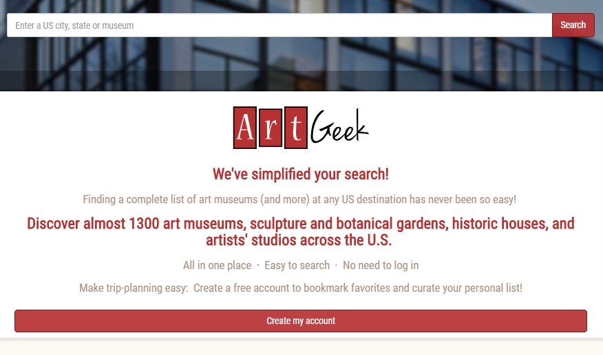 The new and improved ArtGeek.art home plage, with one search field (destination) instead of three.